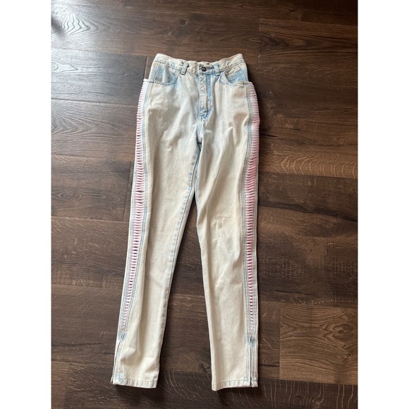 LA Gear Womens Acid Wash 90's Jeans Pink Stripe Detail Zipper Ankle Size 5/ 35